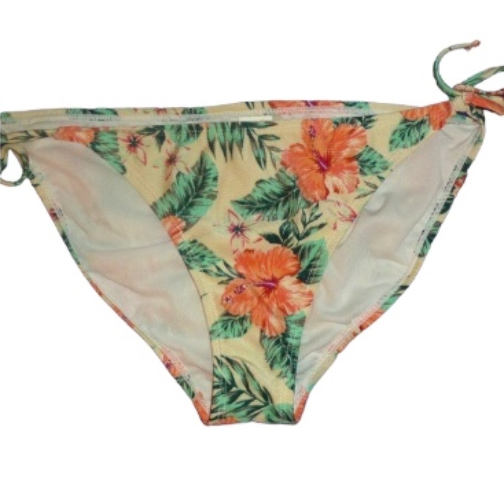 HOT WATER Tie Side Bikini Bottoms, Floral, Ivory with Pink Lilies, L Nwt